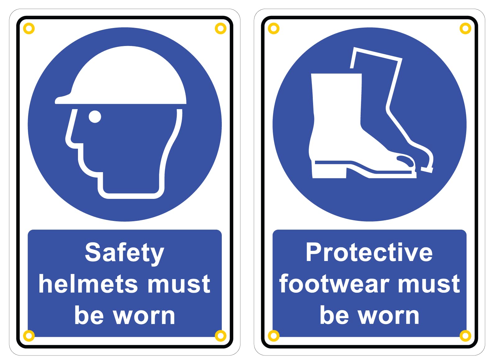 Pack of 2 rigid plastic site signs 300mm x 200mm x 3mm with rounded corners and eyelets - 1x protective footwear must be worn &1x Safety helmets must be worn