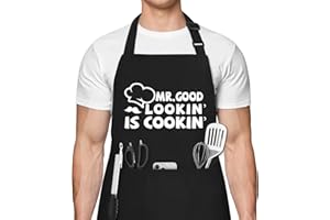 Riqiaqia Funny Aprons for Men, Mr. Good Lookin’ is Cookin’ Chef Apron with 3 Pockets, Adjustable Neck Strap and Long Waist Ties, Perfect for Kitchen Cooking, Grilling, Baking, Gifts for Husband, Dad