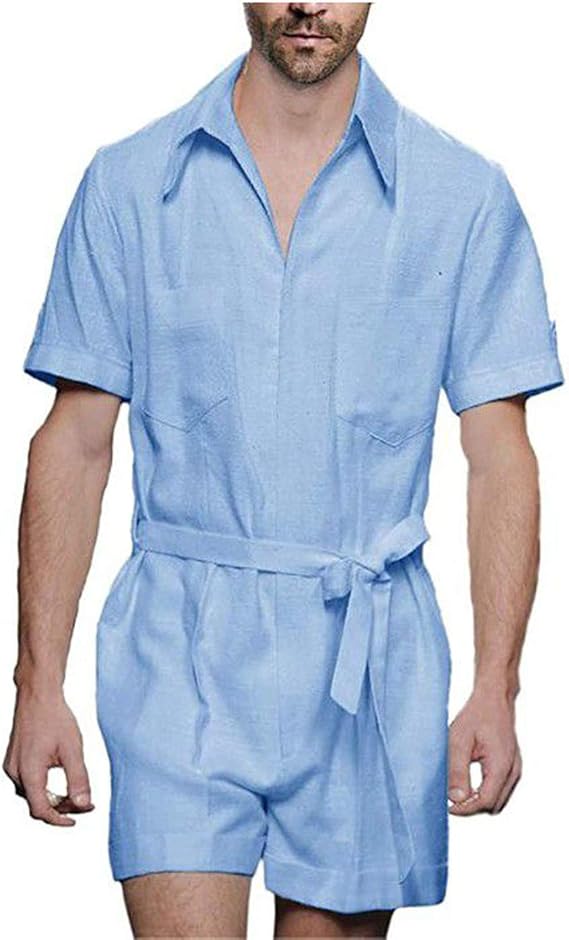 Alphahope Herren Jumpsuit Summer Solid Color Slim Baumwoll Leinenanzug