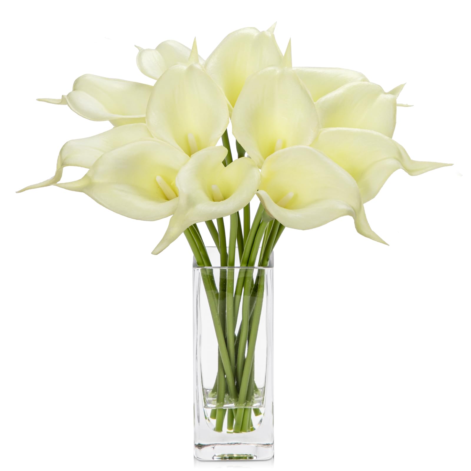 Hollyone 12 pcs Artificial Calla Lilies with Glass Vase Realistic Fake Flowers, Real Touch Cream White Faux Flowers in Vase for Home, Living Room, Wedding, Centerpiece, Office, Party Decorations — image 1