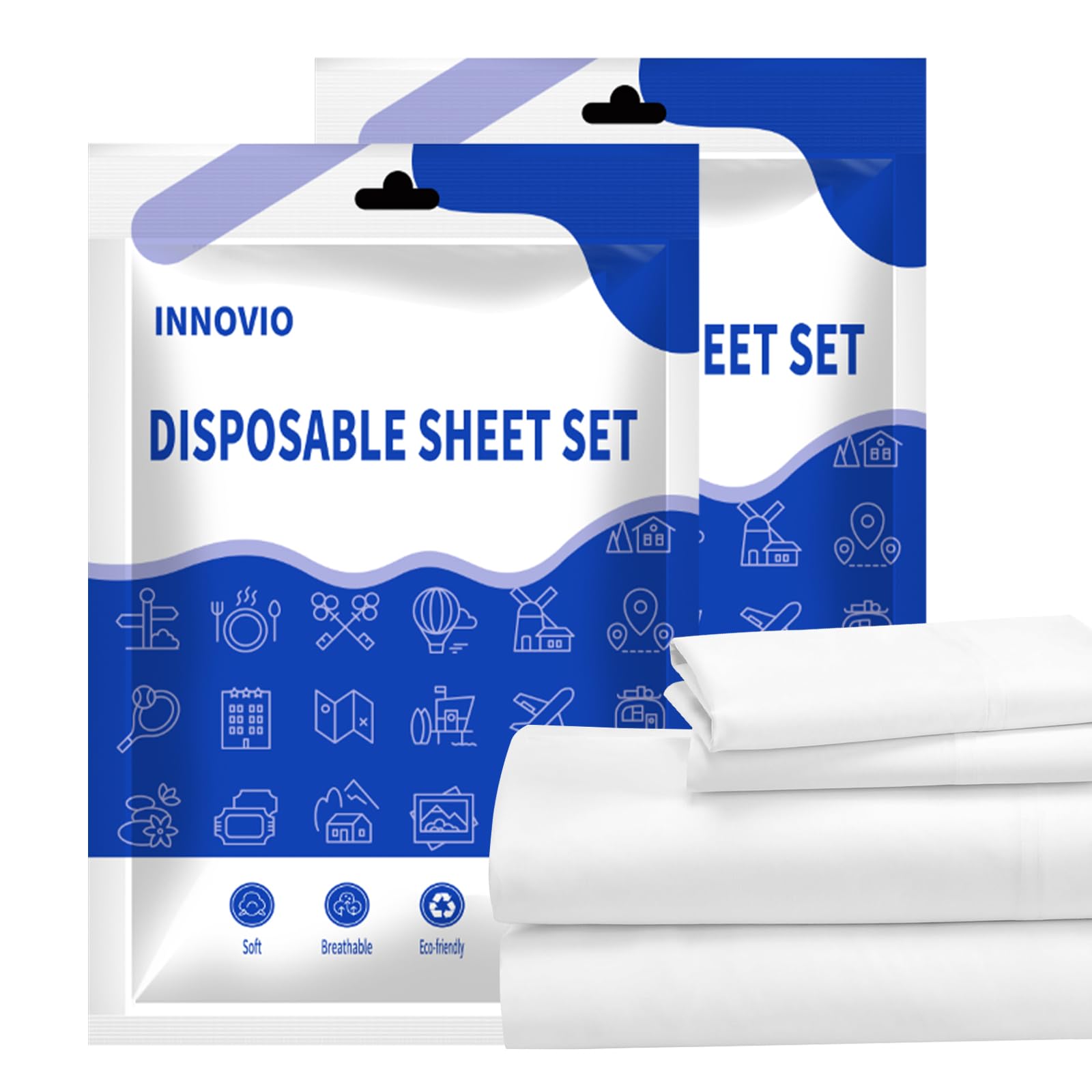 INNOVIO 2 Pack Disposable Bed Sheets for Travel, Disposable Bedding Set with 2 Bed Sheet 2 Quilt Cover and 4 Pillowcase, Portable Bedspread for Travel Hotel Camping Overnight Stay