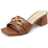 Athlefit Women's Raffia Heeled Sandals Square Open Toe Slip On Mules Chunky Block Heels with Metal Chain for Summer Vacation