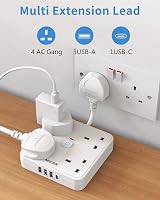 Mscien 4 Gang Extension Lead 4 USB (USB-C 3A) Short Cord Power Strip Wall Mount view 2