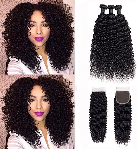 Brazilian Deep Wave 3 Bundles with 4X4 Free Part Lace Closure Unprocessed Curly Deep Wave Bundles Human Hair with Closure Natural Black (12 14 16+10 Closure)
