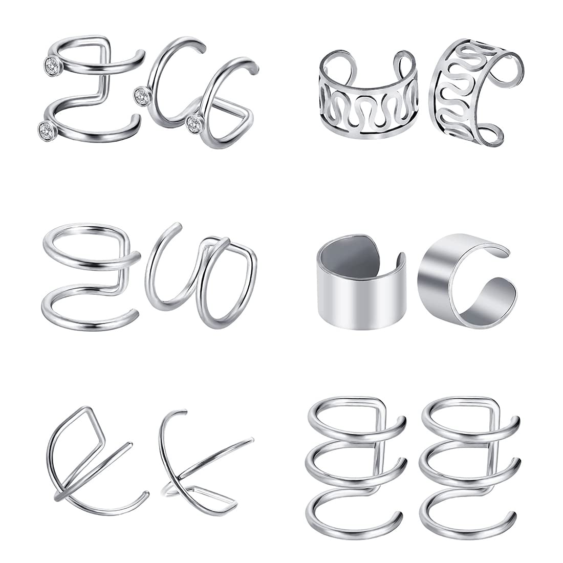 Liuxn 6 Pairs Stainless Steel Ear Clips Non Piercing Earrings Hoop Ear Cuffs Cartilage Ear Clips Set for Men Women, 6 Various Styles