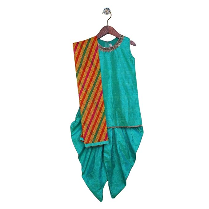 BownBee By Hopscotch Baby Girls Silk Blend Silk Kurti Dhoti With Leheriya Dupatta in Green Color