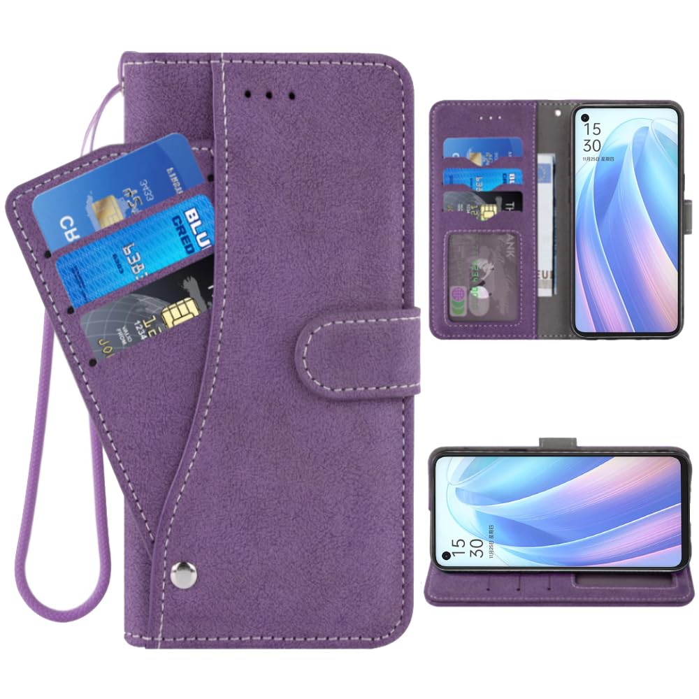 ELISORLI Phone Cover for OPPO Reno 7 5G/Find X5 Lite Wallet Case Wrist Strap Slot Mobile Magnetic Leather Credit Card Holder Folio Purse Stand Cell Accessories Reno7/X5Lite Girls Women Men Purple