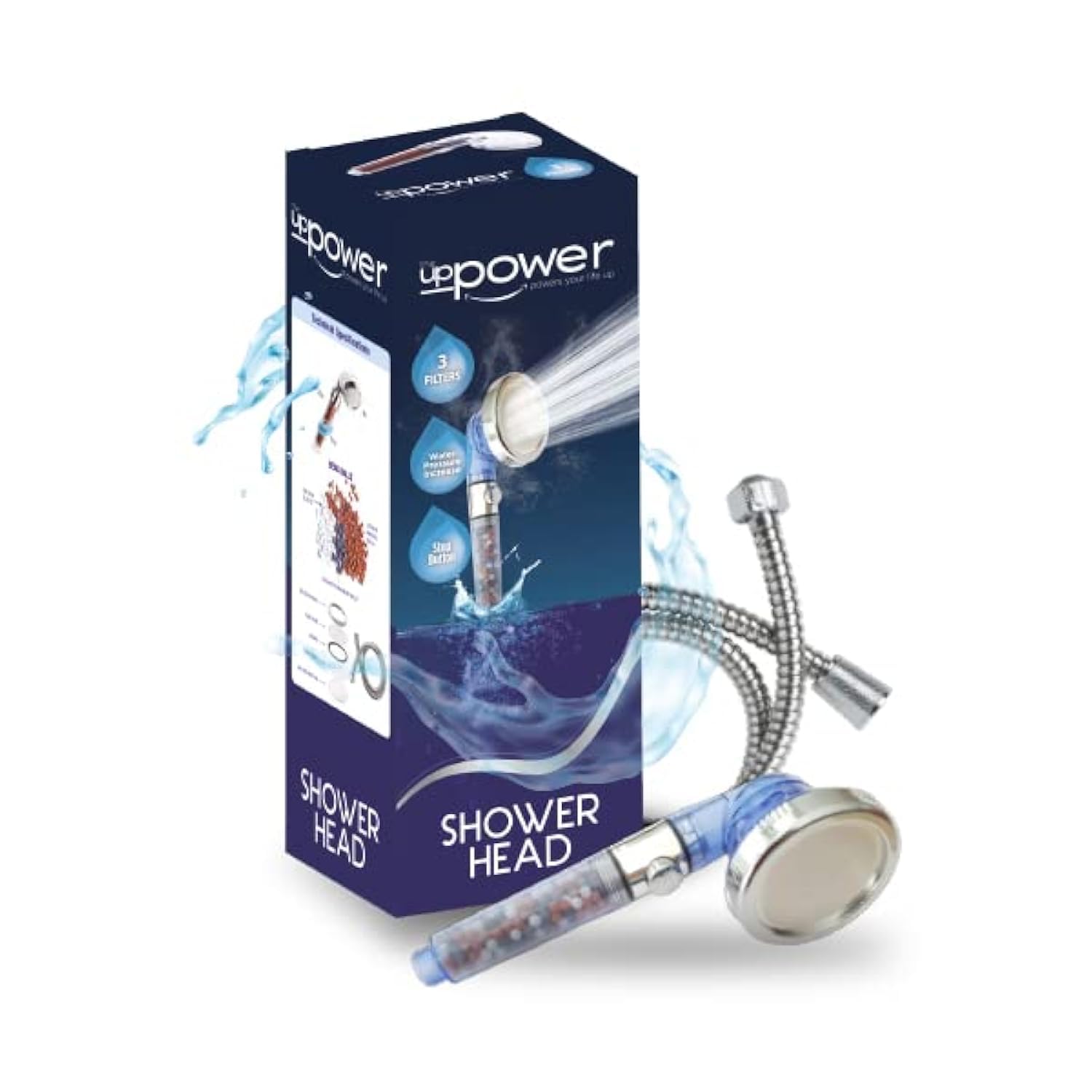 the UPPOWER powers your life up Shower Head and Hose - Ionic Filtered High Pressure Heads - 3 Modes Adjustable Stop Button Water Saving - to Increase, Showerhead 2, ‎Transparent