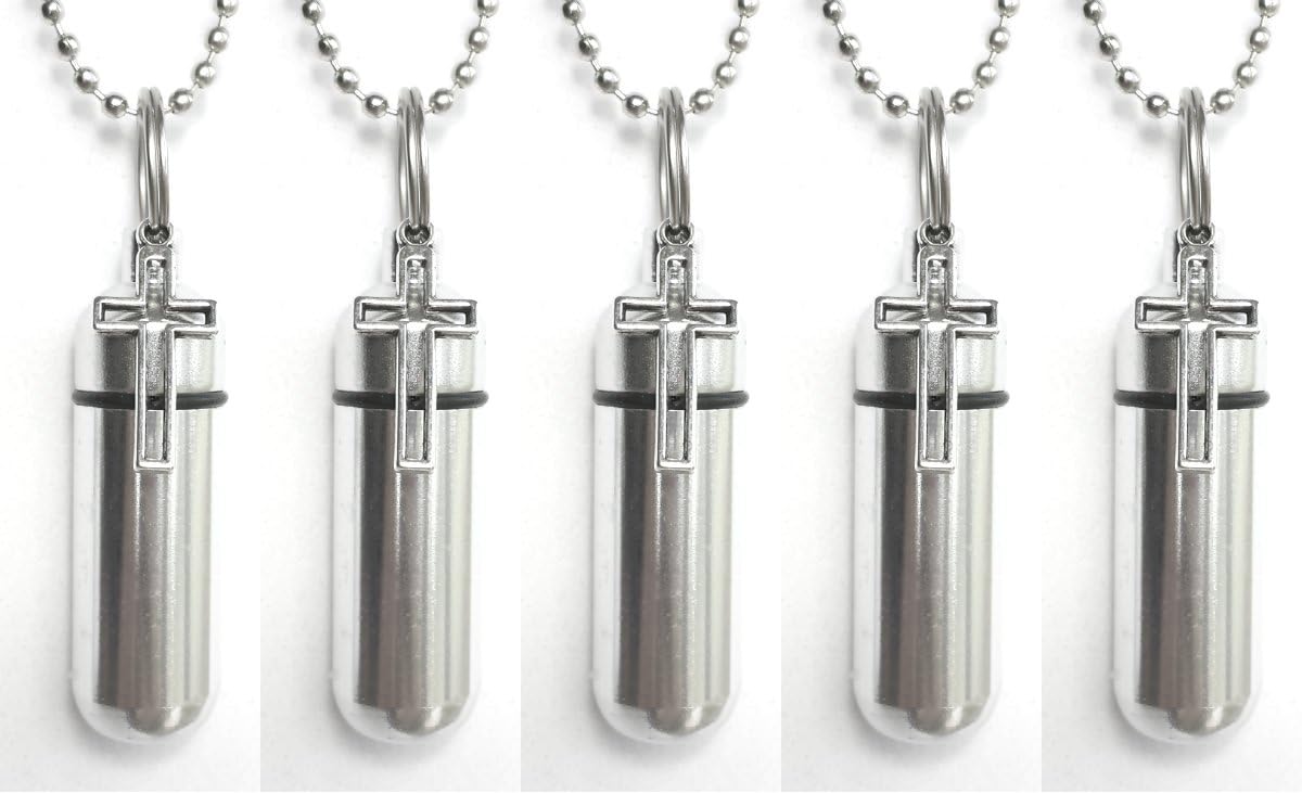 Family Set of Five - HOLLOW CROSS Personal CREMATION URN Keepsakes - Includes 5 Velvet Pouches, 5 Ball-Chains & Fill Kit - Made In USA