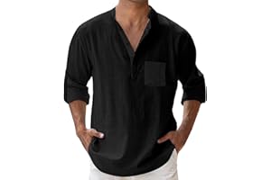 YOUYING Men's Cotton Linen Henley Shirt Long Sleeve Hippie Casual Beach T Shirt Summer Loose Lightweight Band Collar Yoga Top