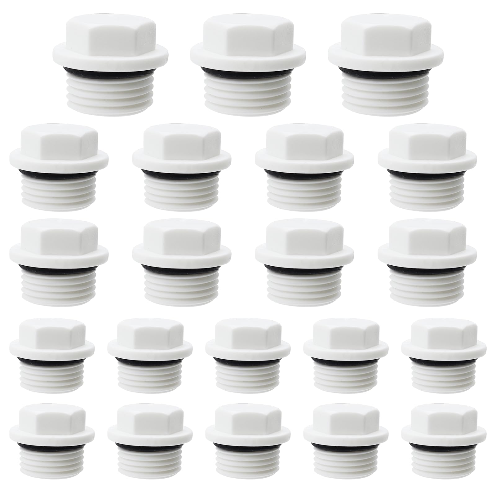 CONNECTION 30 Pcs Sink Blanking Cap 1/2 3/4 1 Inch Plastic Threaded Plug - Radiator Hex Male Tube End Cap With Rubber Gasket for Water Pipe Appliances Tap (White)