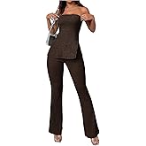 GORGLITTER Women's Flared Pants Set 2 Piece Summer Outfits Strapless Backless Tube Tops and High Waisted Bell Bottoms