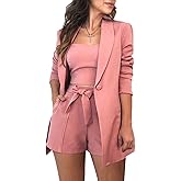 3 Piece Blazer Sets for Women Open Front Button Blazer + Crop Tops + Shorts Bottoms with Belt Business Suit Sets