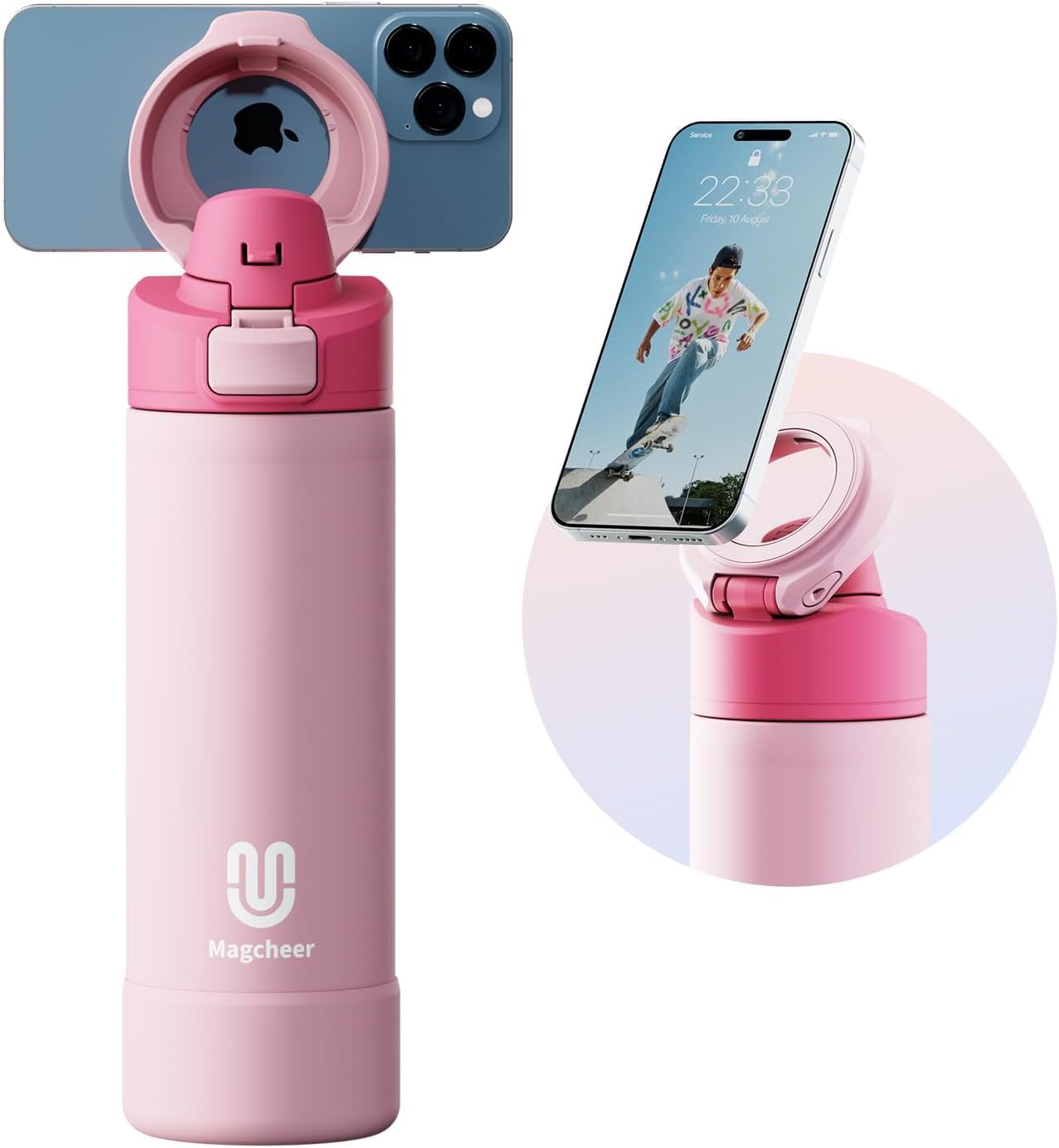 Magcheer 750ml Magnetic Water Bottle with Phone Holder Compatible with MagSafe Insulated Gym Cold Drink Bottle for 24 Hours Tripod Bottle for Travel & Fitness Selfie,Pink(Limited Time Offer)