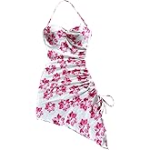 BEAUDRM Girl's Floral Halter Dress Side Drawstring Sleeveless Asymmetrical Fitted Short Dresses