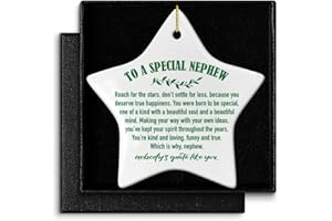 BANLAI Nephew Christmas Ornament Gift, You’re Kind Loving Funny and True, Birthday Graduation Keepsake Ornament Gift for Nephew from Auntie Uncle, Christmas Tree Star Shape Ceramic Ornament Decor