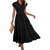 dowerme Women's Summer Casual Dresses 2026 Cap Ruffle Sleeve V Neck Button Belted Tiered Boho Maxi Dress with Pockets