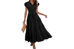 dowerme Women's Summer Casual Dresses 2025 Cap Ruffle Sleeve V Neck Button Belted Tiered Boho Maxi Dress with Pockets