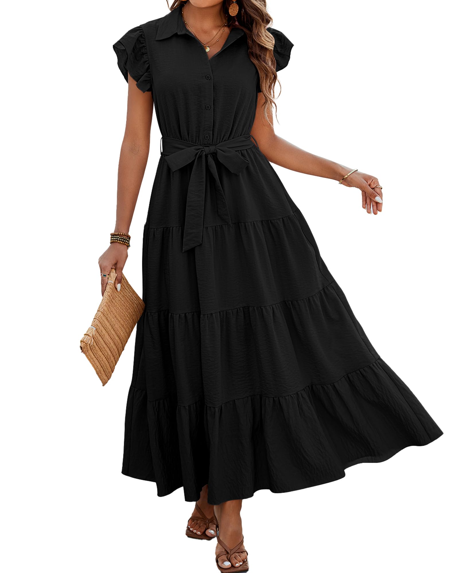 Photo 1 of dowerme Women Summer Dress 2025 Cap Ruffle Sleeve V Neck Button Up High Waist Belted Tiered Boho Flowy Long Sun Dresses(Black,Large)