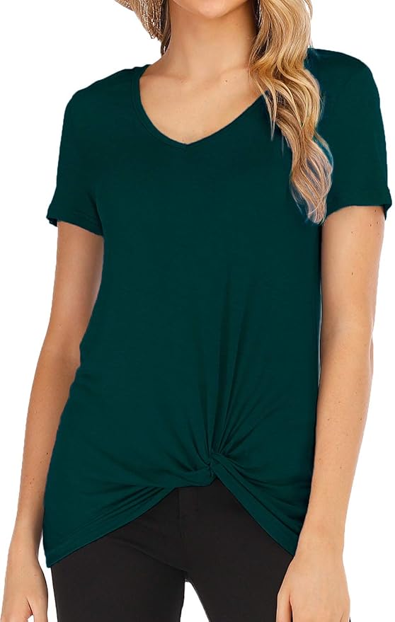 Gollss Womens V Neck Summer Tops Short Sleeve Twist Knot T Shirt Solid Color Tee Dark Green at 