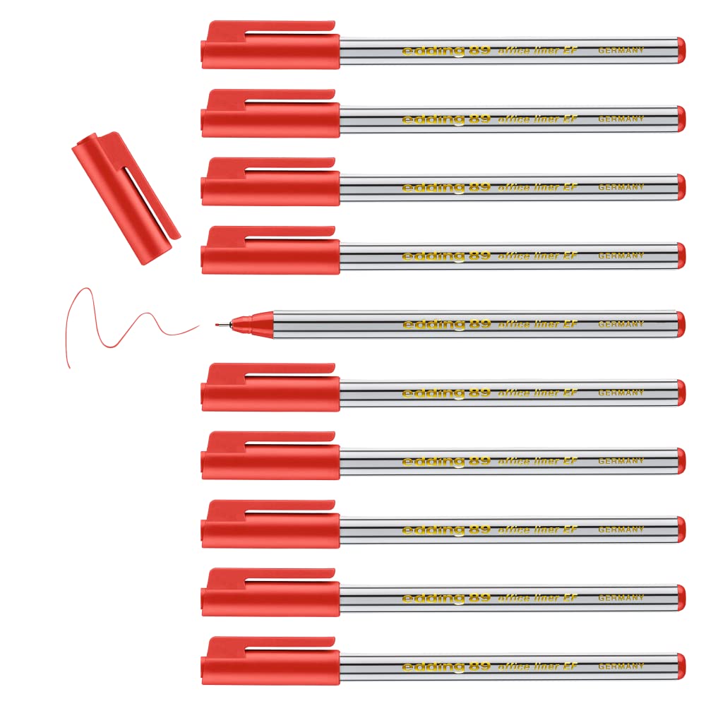 edding 89 - fineliner - red - 10 pens - extra fine round tip 0.3 mm - thin fibre pen for fine, precise writing, underlining, drawing - in the office or at home and at school