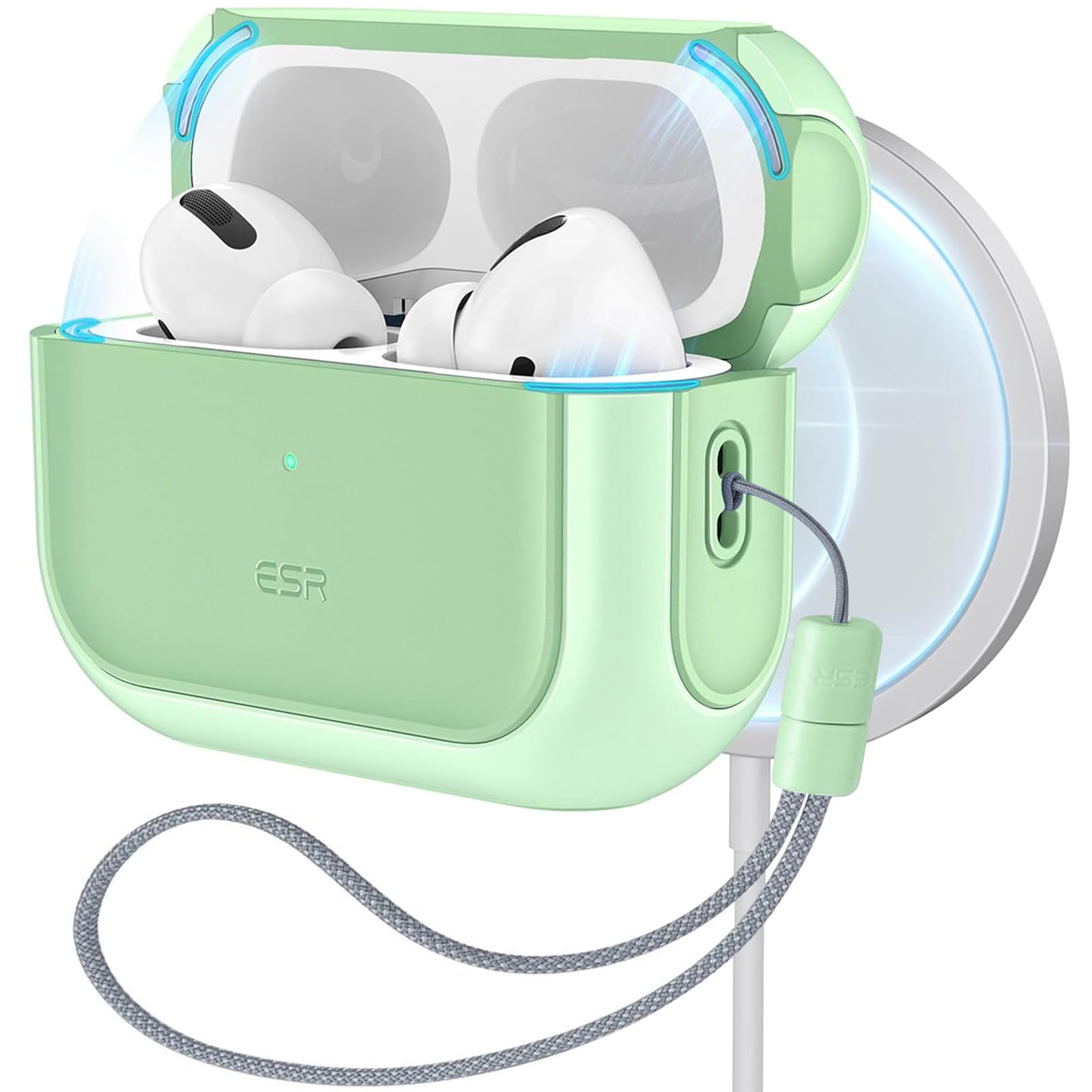 Photo 1 of ESR for AirPods Pro 2 Case, Compatible with Airpods Pro Case 2nd / 1st Generation (2023/2022/2019), Compatible with MagSafe, Full Drop Protection Cover with Lanyard, Light Green