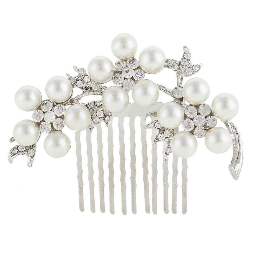 EVER FAITH Austrian Crystal Simulated Pearl 3 Flower Leaf Branch Bridal Hair Comb Clear Silver-Tone