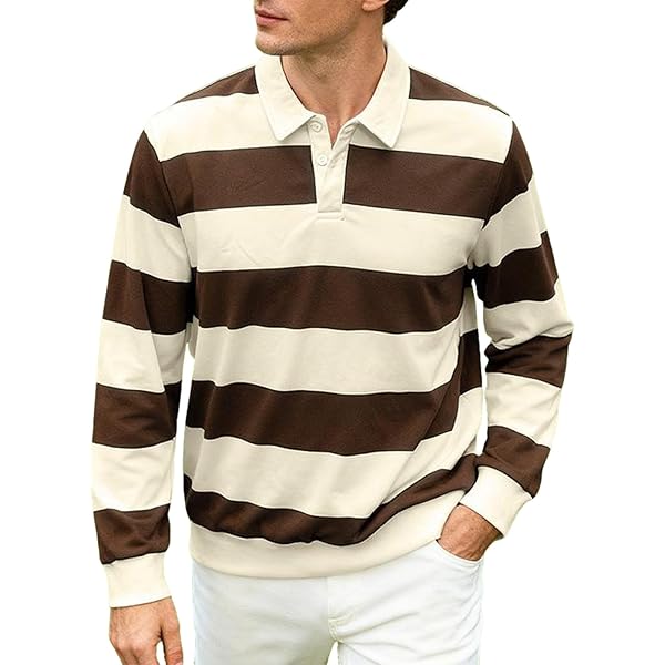 Mens Long Sleeve Polo Shirts Horizontal Striped T-Shirts Color