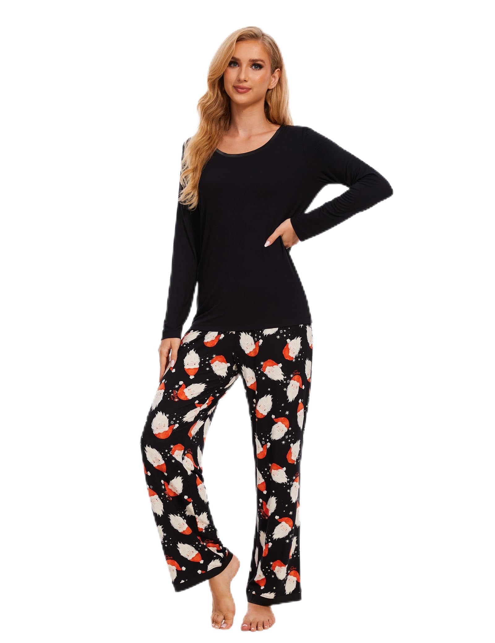 GYS Bamboo Viscose Women's Christmas Pajama Sets Super Soft Long Sleeve Sleepwear Comfy Winter Pjs Sets, Santa Claus Black, Small Image