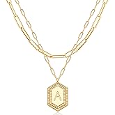 MEVECCO Dainty Gold Initial Necklace for Women 18K Gold Plated Layered Paperclip Link Chain Necklace Personalized Cute Hexagon Letters for Women Everyday Wear Jewelry