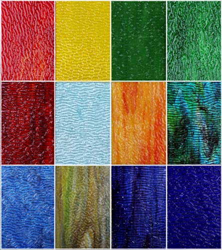 Pocoukate Stained Glass Sheets 12 pcs Variety Stained Glass kit 4 x 6 inch Large Cathedral Glass Mosaic Tiles for Crafts, Stained Glass Supplies (Water Ripple Series)