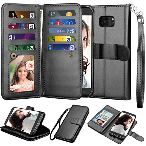 Njjex for Galaxy S7 Edge Wallet Case/Samsung S7 Edge Case, Luxury PU Leather [9 Card Slots] ID Credit Folio Flip Cover [Detachable][Kickstand] Magnetic Wrist Strap Case for Galaxy S7 Edge [Black]
