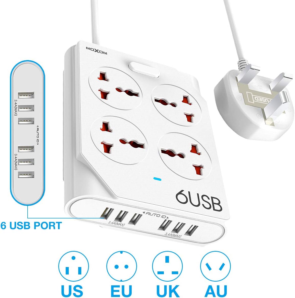 Extension Lead with USB Slots, 4 Way Universal Outlets 6 USB Ports Power Strip UK Plug Extension with 1.5 Meter/4.9ft Bold Extension Cord built-in Fuse and Shutter Portable Multi USB Plug Charger