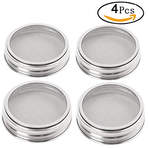 Click Here to See More Images 4 Pack Stainless Steel Sprouting Lids - 2 in 1 Superb Ventilation Stainless - Curved Mesh Jar Sprouting Lid Kit for Wide Mouth Mason Jars Canning Jars for Making Organic Sprout Seeds in House/Kitchen