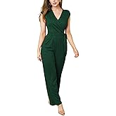 HugeNice Women's Casual Jumpsuits Sexy Wrap V Neck Belted Loose Wide Leg Long Pants Clubwear Romper