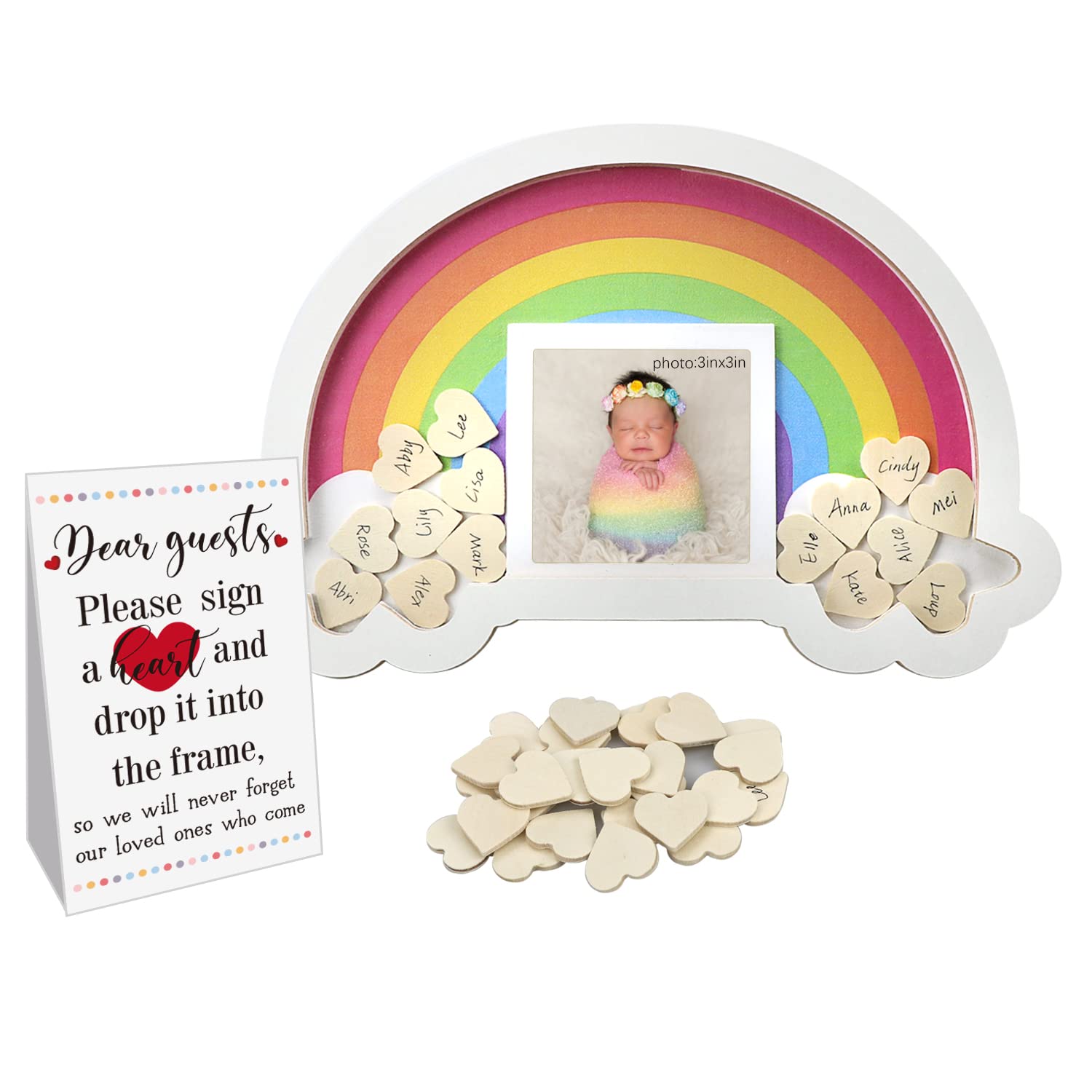 Baby Shower Guest Book Rainbow Frame Guestbook Alternative with 30 pcs Wooden Hearts Baby's First Photo Frame Baby Shower Decorations Pregnancy Gift (Rainbow)