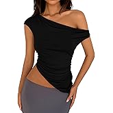 PRETTYGARDEN Womens Off The Shoulder Y2K Tops 2026 Summer Sleeveless Asymmetrical Ruched Going Out Tank Top Fashion Clothing