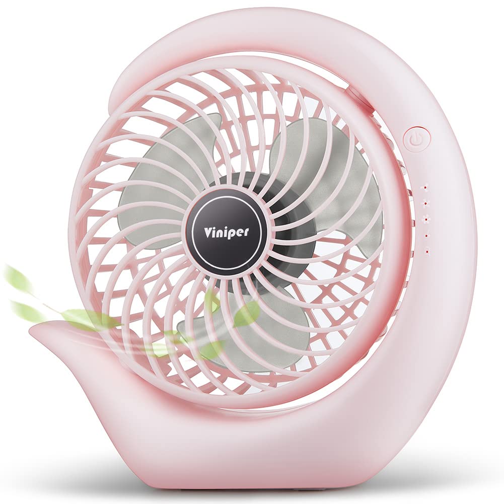 Viniper Battery Operated Fan, Usb Desk Fan : 180° Rotation and 3 Speeds Portable Office Fan, About 8-24 Hours Working for Office Home (Light Pink, Light Black Blade)