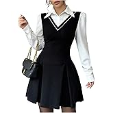 Floerns Women's Y2k Color Block Dress Collared Long Sleeve A Line Ruffle Short Dresses