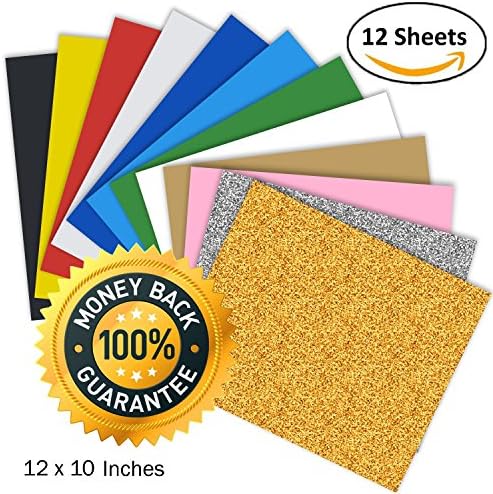 Heat Transfer Vinyl HTV, Unop 12 sheets 12’’x10’’ Assorted Colors Heat Transfer Bundle DIY T-Shirt/Hat/Bag for Silhouette Cameo/Cricut/Heat Machine Tool/Other Craft Cutters