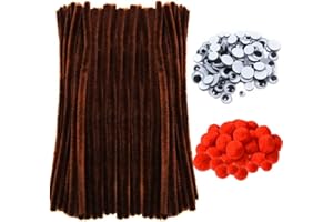 TPPYONY 300 Pcs Christmas Brown Pipe Cleaners Set Including 100Pcs Brown Chenille Stems, 100Pcs Self-Sticking Wiggle Googly Eyes and 100Pcs Red Pompoms for Christmas Reindeer Crafts