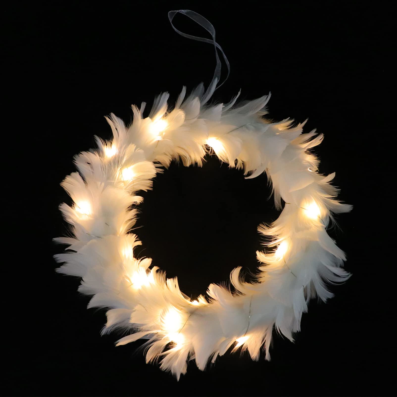 Wreath with Lights, White Christmas Wreaths Luminous Feather Garland for Xmas Front Door Stair Hanging Decorations Holiday Party Supplies 30cm