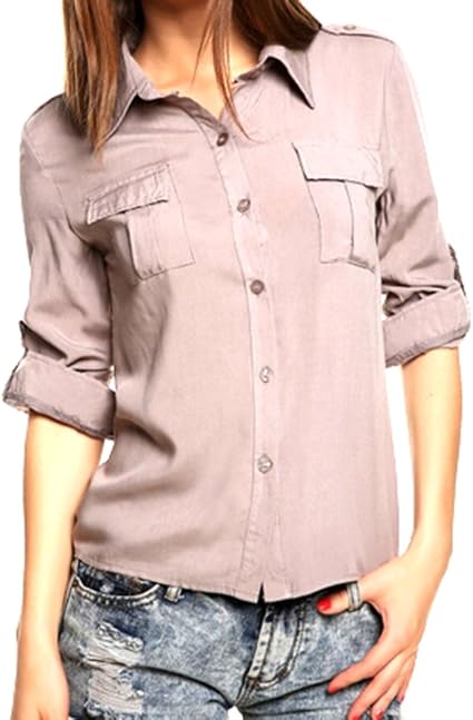 womens khaki button up shirt