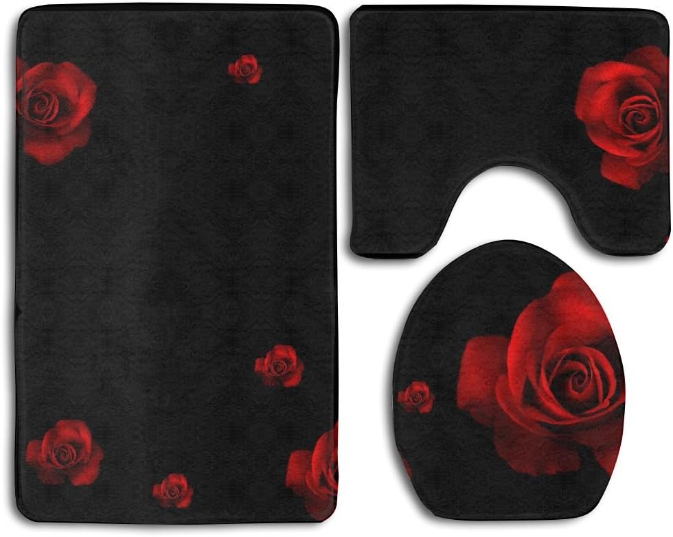 Red Rose Black Background Bathroom Rug Sets 3 Piece Non-Slip Floor Mat Contour Rug Toilet Lip Cover