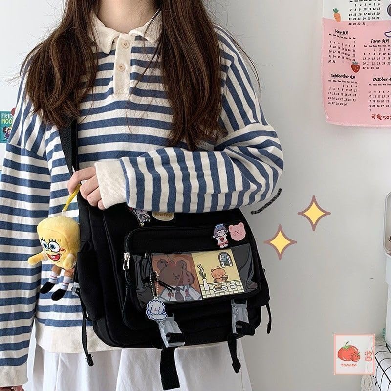 MILLEVIBE Kawaii Crossbody Ita Bag for Women with Pin & Plush Bear - Japanese Messenger Bags Y2K Shoulder Purse