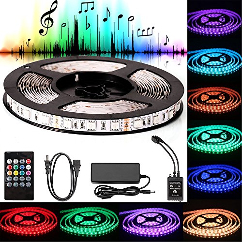 Sunjoyco LED Strip Lights Sync to Music, 16.4Ft/5M LED Light 300 LEDs SMD 5050 Waterproof Flexible RGB LED Light Strip Kit w/IR Remote Controller+12V Power Supply for Indoor Bar Party TV Backlighting