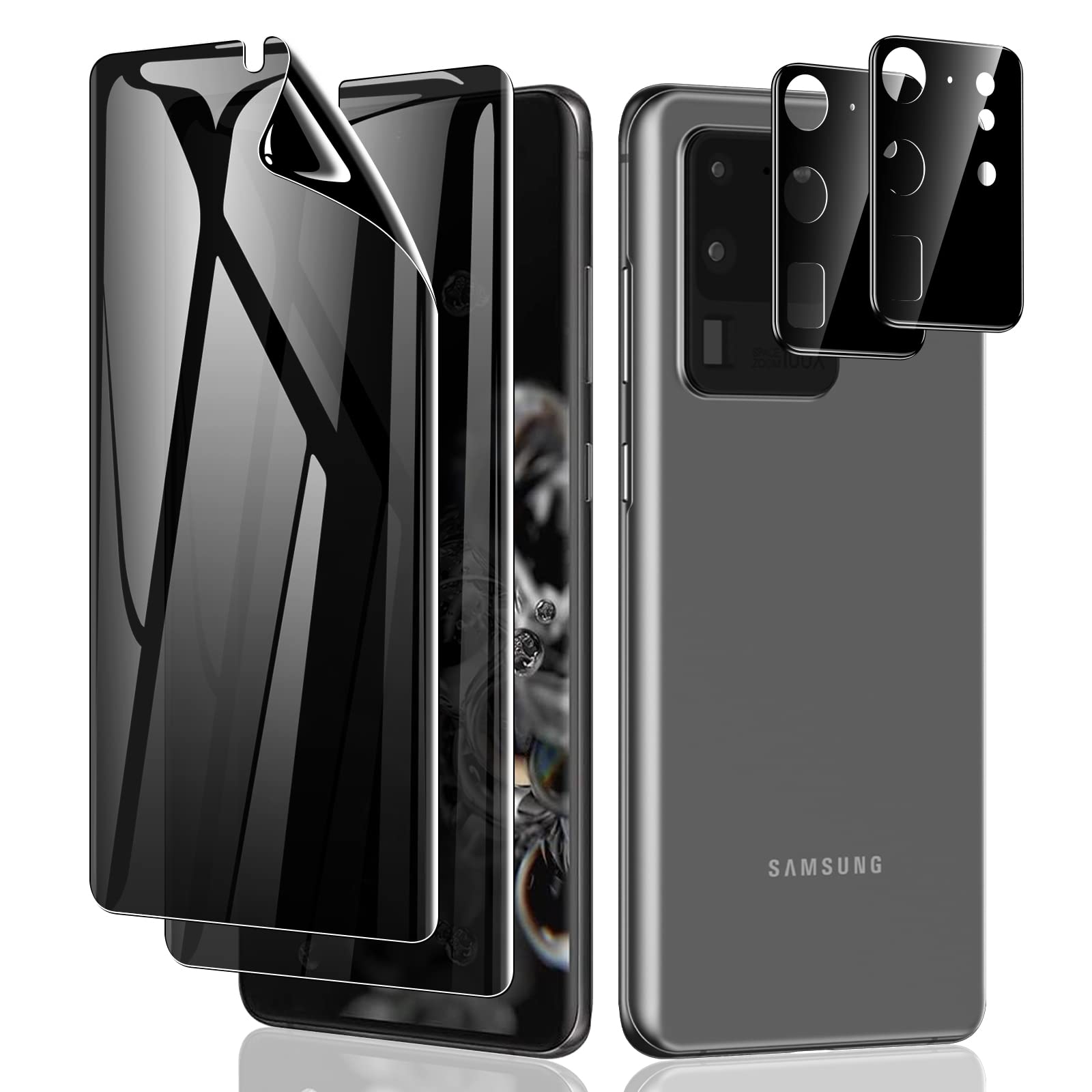 Photo 1 of LYWHL 2+2 Pack for Samsung Galaxy S20 Ultra Privacy Screen Protector, Anti-Spy Black Full Adhesive Flexible Film + Camera Lens Glass Protector for Galaxy S20 Ultra