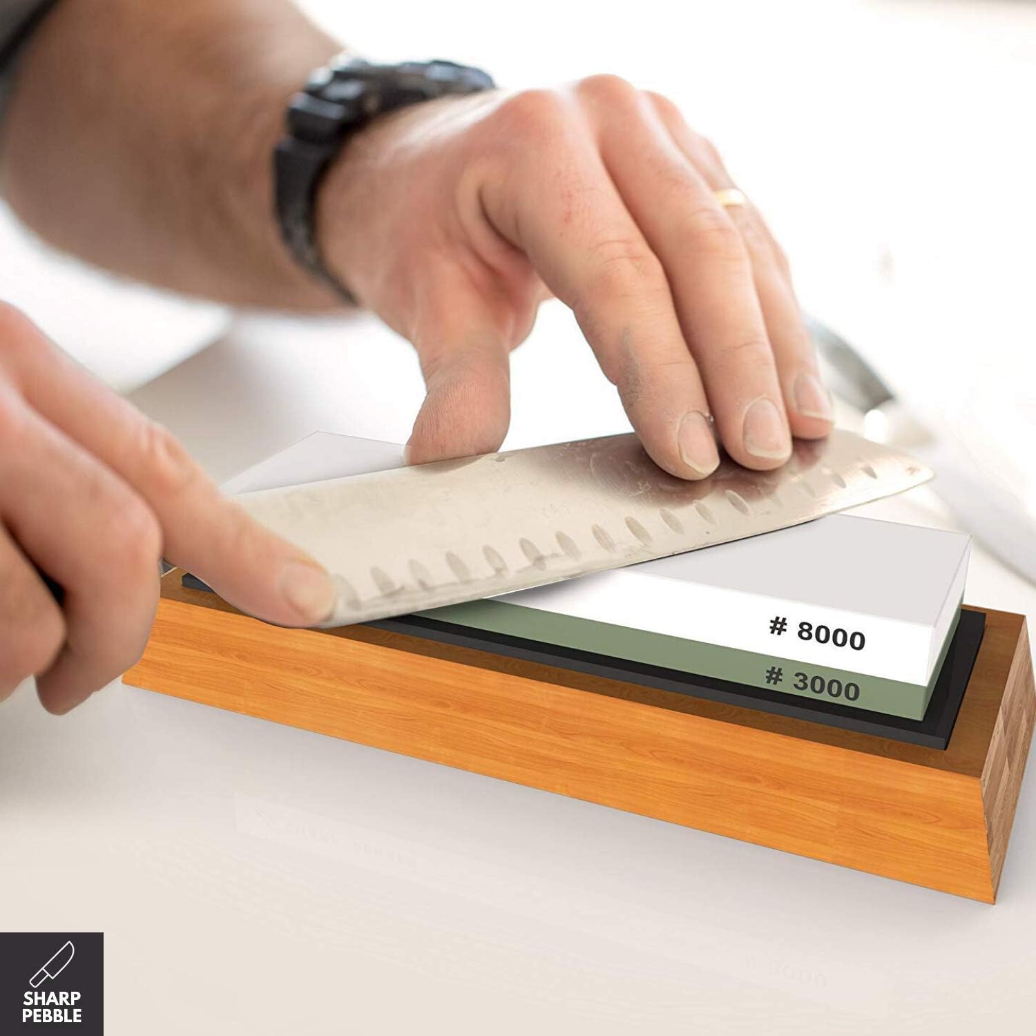 Sharp Pebble Premium Sharpening Stones 2 Side Grit 3000/8000 Whetstone - Kitchen Knife Sharpener Waterstone with Non-Slip Bamboo Base & Flattening Stone - - 