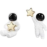 coadipress 3D Astronaut Star Stud Earrings for Women Cute Funny Creative Cartoon Gold Plated White Spaceman Irregular Asymmetric Earrings Jewelry