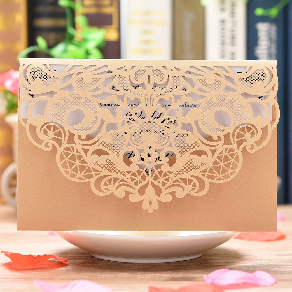 CYSKY Wedding Invitation Card 50 Pack Laser Cut Rectangle Invitations Kit with Blank Printable Paper and Envelopes for Wedding Birthday Graduation (Gold)